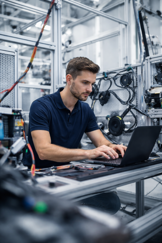 Ingeniero especializado en soluciones tecnológicas trabajando en un laboratorio industrial con sistemas automatizados
